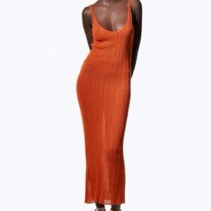 Zara Orange Ribbed Knit Midi Dress Open Back Bodycon Size